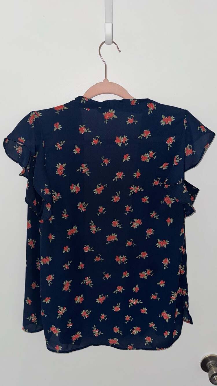 ZARA Navy Blue Floral Print Ruffle Sleeve Blouse